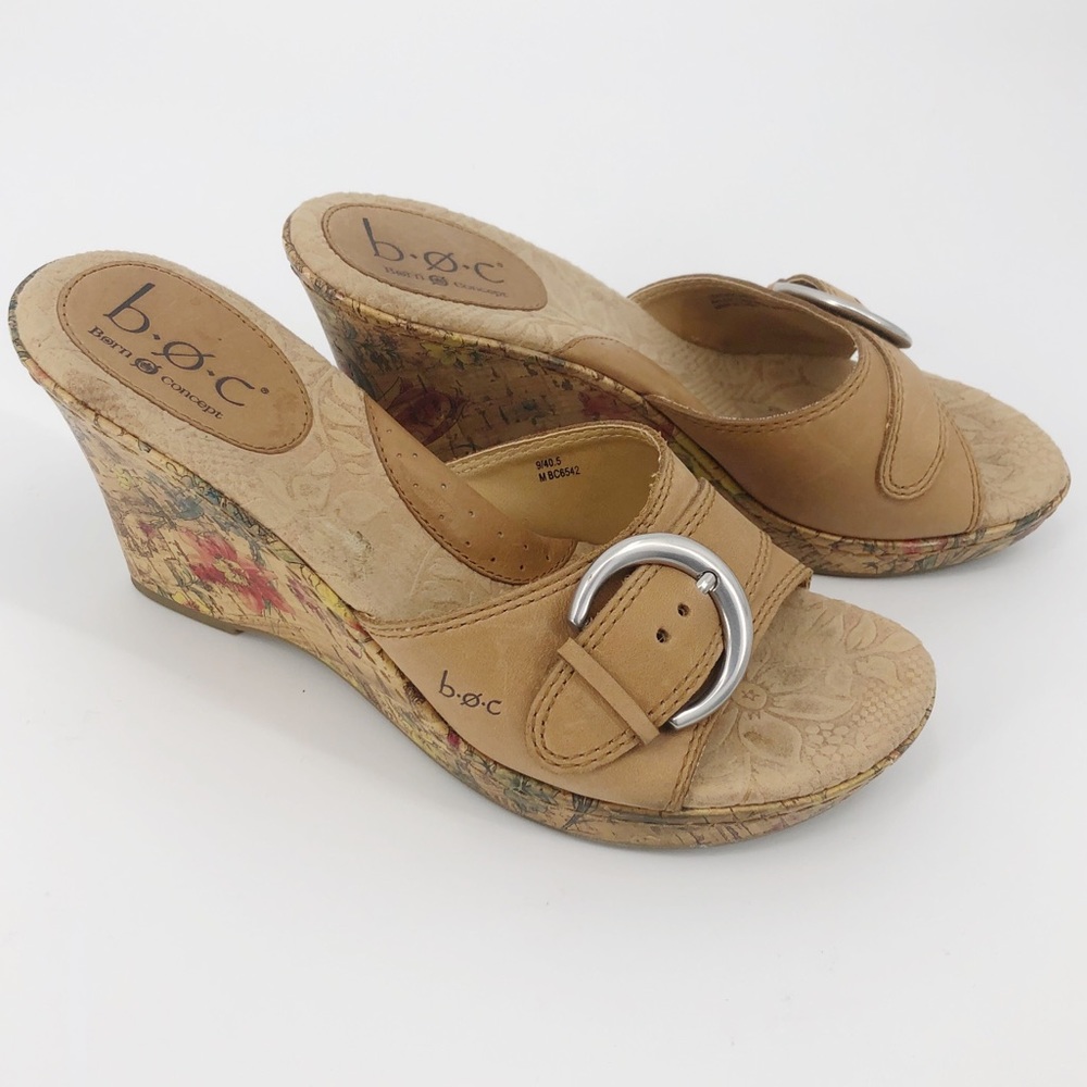 Born Cork Wedge Beige Sandals Floral Print 9